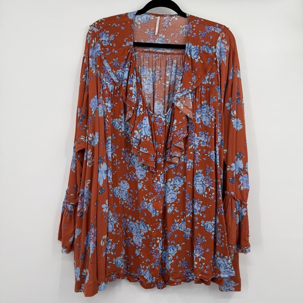 Free People Lorretta Tunic Womens Small Orange Floral Viscose Ruffle Button